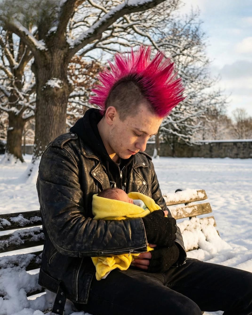 My 16-year-old punk son rescued a newborn baby from the cold — the next day, a cop showed up on our doorstep. I’m 38, and I thought I’d seen everything as a mom of two. My life is messy, loud, exhausting — but real. My youngest, Jax, is 16. A full-on punk. Pink mohawk, piercings, leather jackets that smell like his gym bag. He’s sarcastic, loud, always pushing limits. And yes, people laugh at him. Kids whisper. Parents judge. I tell him it’s just high school nonsense, but I worry more than I admit. Last Friday night changed everything. I was folding laundry upstairs when I heard it — a tiny, broken cry outside. At first, I thought it was the wind. It was freezing, the kind of cold that cuts straight through skin. Then I heard it again. My heart stopped. I ran to the window. Jax was sitting cross-legged on the park bench across the street, pink spikes glowing under the streetlight. In his arms was something wrapped in a thin, ragged blanket. My stomach dropped. Oh God. A newborn. Days old. Shaking violently. I threw on my coat and ran. “WHAT ARE YOU DOING HERE?!” I yelled. Jax looked up, calm in a way that scared me. “Mom,” he said quietly, “someone left this baby here. I couldn’t walk away.” “Are you insane? We need to call 911 — NOW!” “I already called,” he said, pulling the baby closer. “I’m keeping him warm. If I don’t, he could die out here.” He was right. The baby’s lips were bluish. His body trembled uncontrollably. Jax pressed him to his chest, wrapped him in his jacket, whispering to him. Slowly, the shaking eased. I wrapped my scarf around them both and cried. When the police arrived, Jax handed the baby over without a word. The next morning, there was a knock at the door. “Are you Mrs. Collins?” “Yes,” I said cautiously. “I’m Officer Daniels,” he said. “I NEED TO SPEAK WITH YOUR SON ABOUT LAST NIGHT.” ⬇️⬇️⬇️