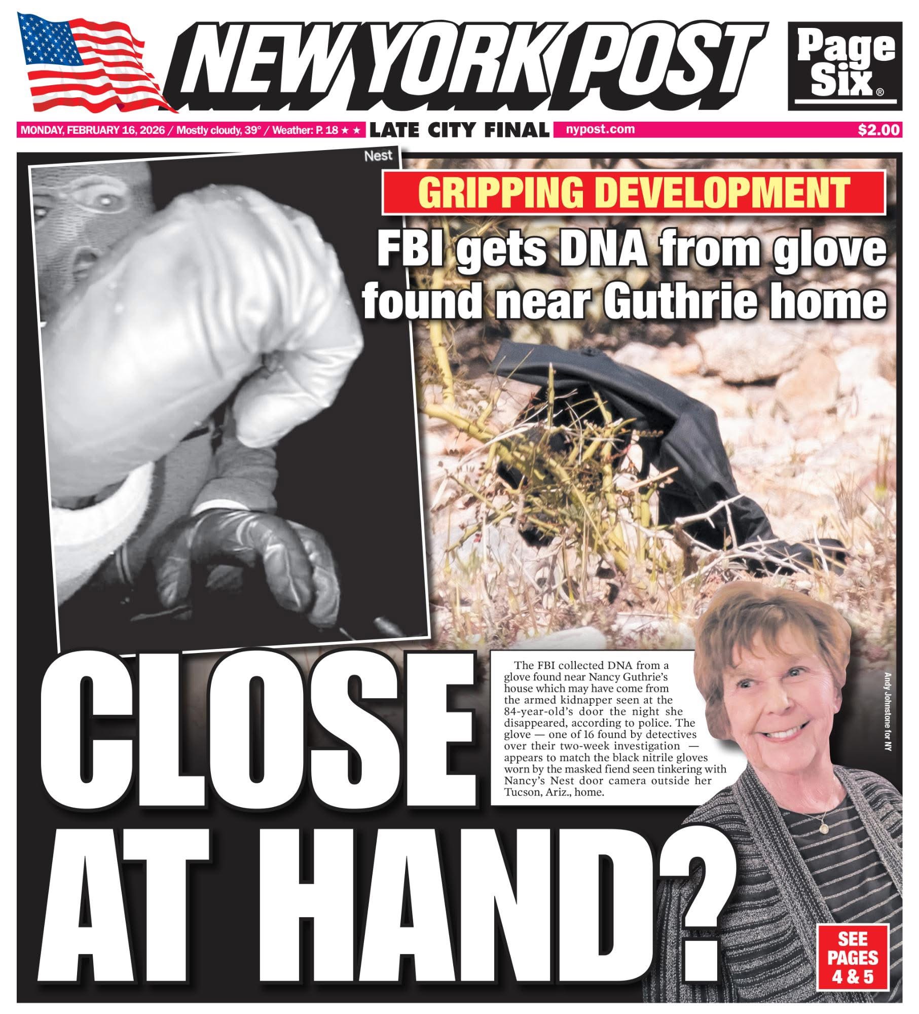 DNA found on glove located near Nancy Guthrie’s home — and may be from armed suspect seen on her doorbell cam: FBI