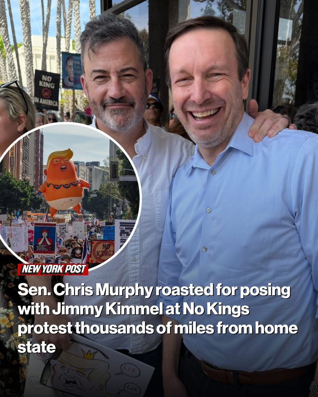Sen. Chris Murphy roasted for posing with Jimmy Kimmel at No Kings protest thousands of miles from home state