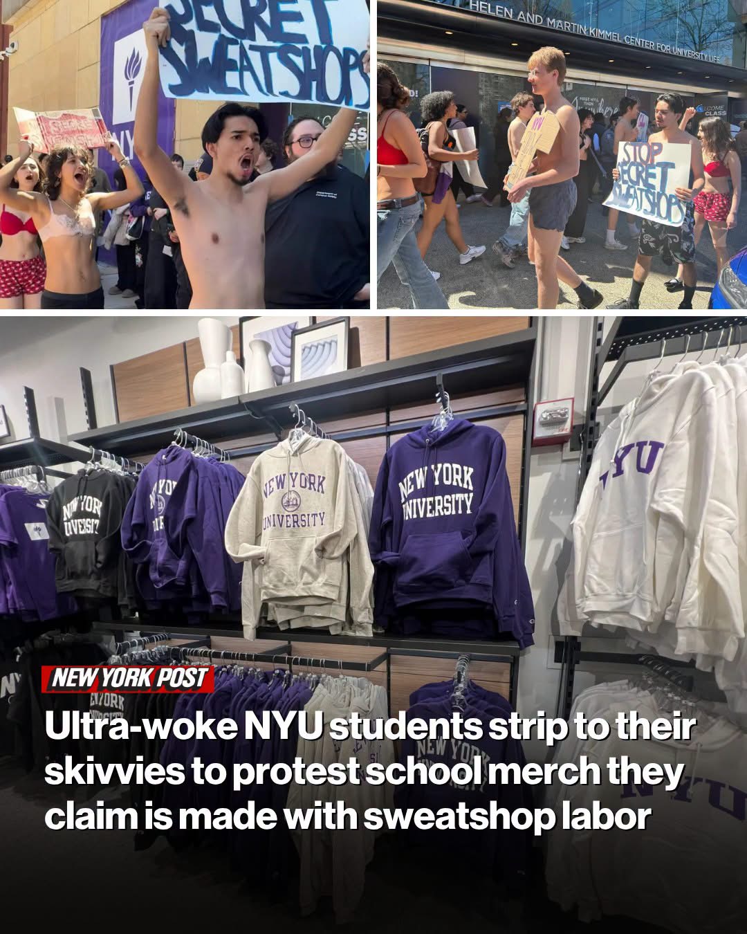 Ultra-woke NYU students strip to their skivvies to protest school merch they claim is made with sweatshop labor