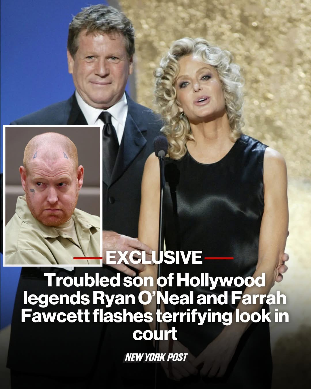 Troubled son of Hollywood legends Ryan O’Neal and Farrah Fawcett flashes terrifying look in court